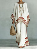 Women's Comfortable and loose print pattern cotton and linen wide-leg pants two-piece set