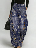 Women's Retro Floral Art Print Casual Stylish Hollow Denim Pants