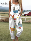 Women'sFunny Chick Art Print Casual 100% Cotton Wide Leg Jumpsuit