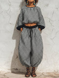 Black & White Houndstooth Balloon Sleeve Crop Top & Harem Pants Set