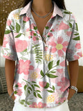 Women's Vintage Floral Art Print Cotton-linen Short-sleeve Shirt