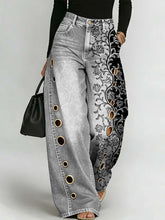 Women's Retro Floral Art Print Casual Stylish Hollow Denim Pants