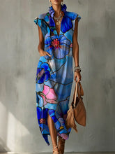 Retro Color-block Floral Decorative Pattern Women's Casual No Sleeve Bud Collar Linen Cotton Dress