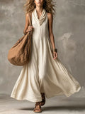 Women's Cowl-neck Sleeveless Cotton-linen Dress