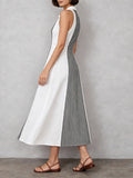 Women's Striped Flared Hem Color-block Lapel Linen Maxi Dress