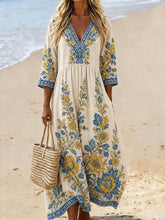 Women's Embroidered Pattern Print Casual V-neck Cotton-linen Dress