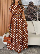 Women's Polka Dot Print Set: Short-sleeve Collared Loose-fit Top & High-waisted A-line Skirt