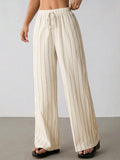 Women's Casual Striped Contrast Trim Drawstring Elastic Waist Wide-leg Pants