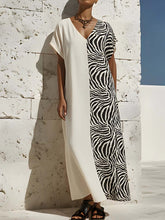 Women's Zebra-print V-neck Short-sleeve Casual Loose Cotton-linen Dress