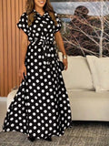 Women's Polka Dot Print Set: Short-sleeve Collared Loose-fit Top & High-waisted A-line Skirt