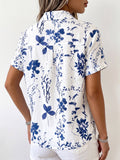 Casual Blue Floral-print Cotton-linen Shirt