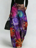 Retro Distressed Wide-leg Pants With Colorful Planet Print | High-waisted, Slimming Straight-leg Jeans With Side Slits