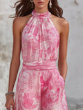 Vacation-style Sleeveless Strappy Top And Printed Chiffon Pants Set