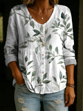Elegant Plant Leaves Decorative Patterns Women's Long Sleeve V Collar Linen Cotton Shirt