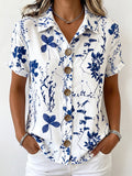 Casual Blue Floral-print Cotton-linen Shirt