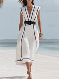 Women's Casual Vacation Line-decorated Sleeveless V-neck Dress