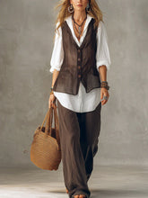 Women's Solid Color Art Stylish Casual Vest And Pants Cotton Linen Two-Piece Set