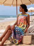 Artistic Floral Color-block Cotton-linen Dress