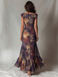 Bohemian Artistic Print Sleeveless Ruffled Chiffon Dress