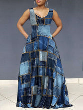 Ursime Denim Allover Pattern V Neck Sleeveless Maxi Dress