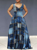 Ursime Denim Allover Pattern V Neck Sleeveless Maxi Dress