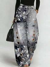 Women's Retro Floral Art Print Casual Stylish Hollow Denim Pants