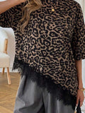 Women's Loose-fit Short-sleeve T-shirt With Leopard Print And Lace Splicing