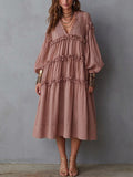 Stylish Ruffled Lantern-sleeve Linen And Cotton Dress