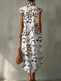 Musical Note Decorative Pattern Women's Casual No Sleeve Bud Collar Linen Cotton Dress