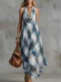 Women's Casual Loose-fit Sleeveless Cowl-neck Plaid Print Dress