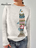 Colorful Floral Fish Embroidered Cozy Sweater