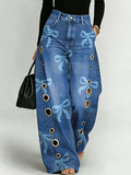 Cute Bow Decoration Pattern Women's Cotton Denim Pants