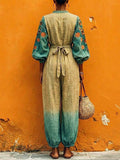 Women's Retro Floral Art Casual Stylish Comfortable Cotton Linen Jumpsuit