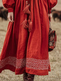 Western-style Vintage Embroidered Red Cotton And Linen Maxi Dress