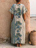 Women's Casual Loose Cotton-linen Dress With V-neck Short Sleeves And Placement Print