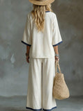 Women's Solid-color V-neck 1/2 Sleeve Cotton-linen Top And Pants Set