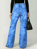 Vintage Cherry Decorative Pattern Women's Casual Cotton Denim Pants