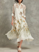 Women's Casual Loose Chiffon Dress Set: Collared 3/4-sleeve Dress With Placement Print