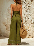 Olive Green Halter Twist-front Linen Cotton Top & Lace Trim Wide Leg Pants Set