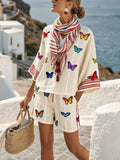 Women'S Casual Vacation Printed Loose Top, Shorts, And Scarf Set