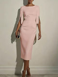 Women's Solid-color Round-neck 3/4-sleeve Casual Slim-fit Dress