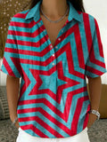 Women's Retro Color-block Striped Cotton-linen Short-sleeve Shirt