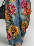 Women's Retro Flower Print Casual Fashion Cutout Jeans