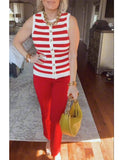 Casual & Cozy Two-piece Set: Sleeveless Striped Knit Top And Red Trousers