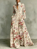 Retro Floral Print Stand-collar Long-sleeve Shirt Dress