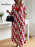 Elegant Art Print Color Block Trim V-neck Midi Dress