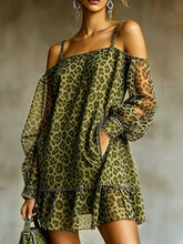 Leopard Print Off-shoulder Cropped Dress With Mesh Sleeves