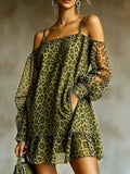Leopard Print Off-shoulder Cropped Dress With Mesh Sleeves