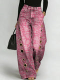 Women's Retro Flower Print Casual Fashion Cutout Jeans
