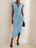 Women's Solid-color Short-sleeve Casual Slim-fit Dress With Cowl Neck And Ruching